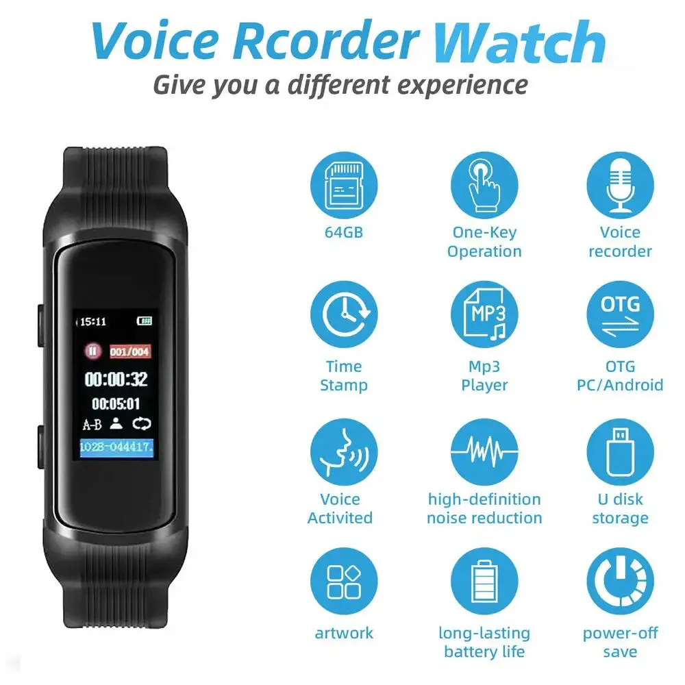 32g 64g 128gb Digital Mp3 Voice Recorder Wrist Watch for Business