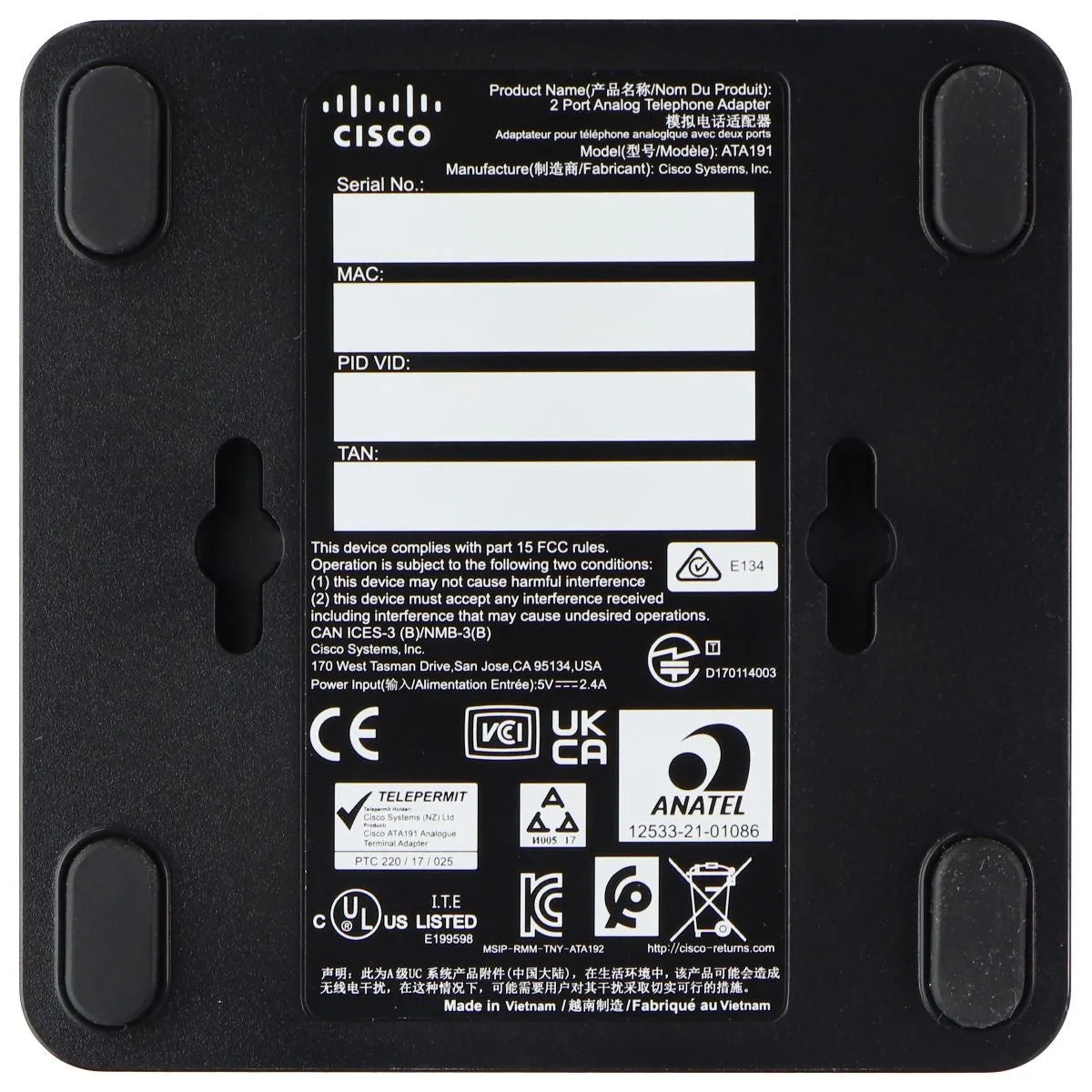 Cisco VoIP Dual Port Analog Telephone Adapter (ATA191-K9) - Black