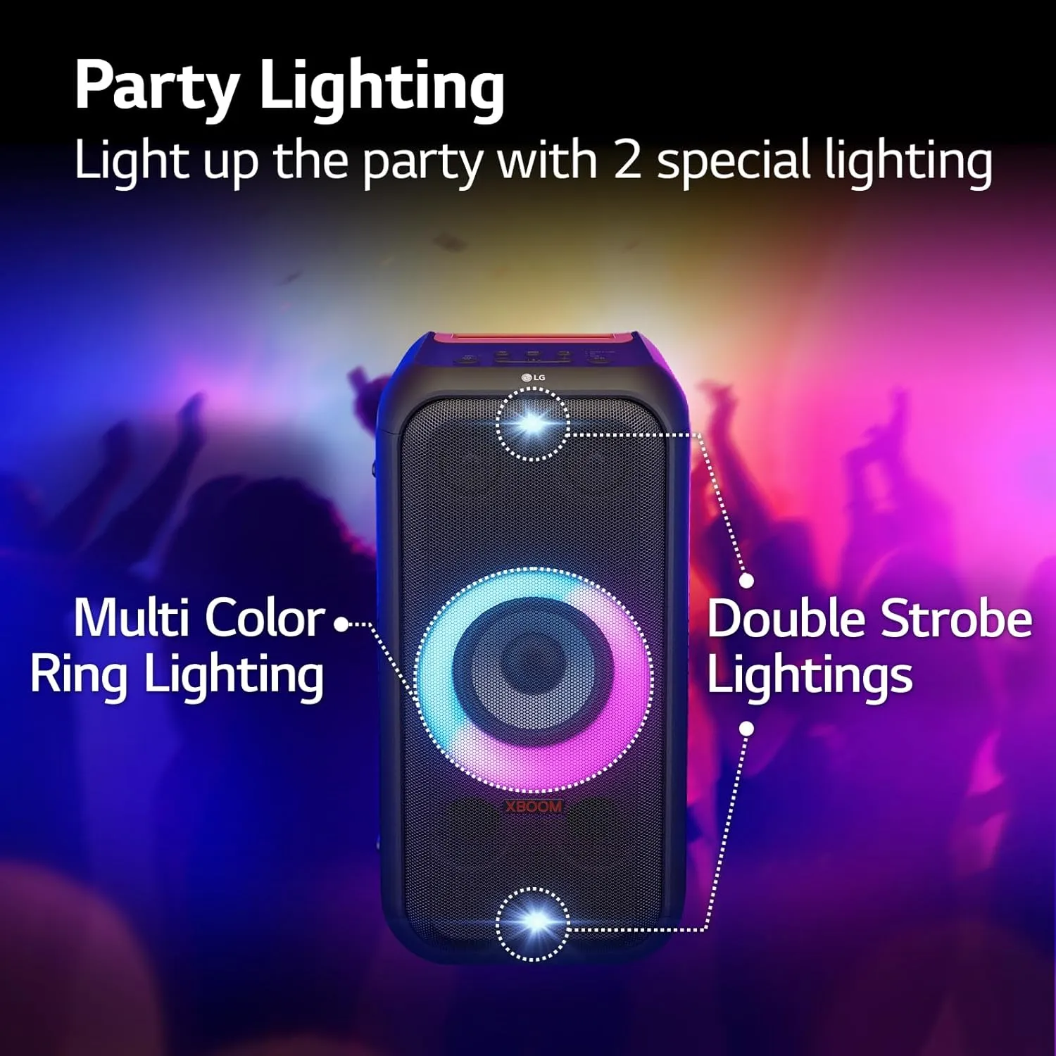 LG XBOOM XL5S 200W Portable Party Speaker with Bass Boost, 12-Hour Battery, Multi-Color Ring Lighting & IPX4 Water Resistance