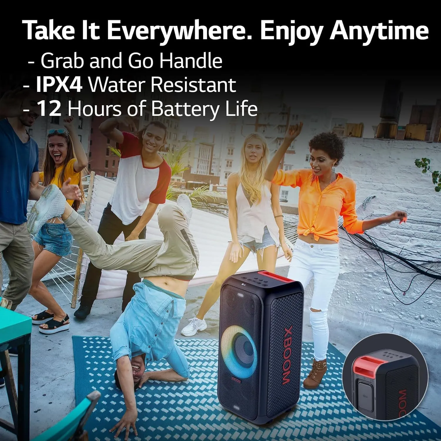 LG XBOOM XL5S 200W Portable Party Speaker with Bass Boost, 12-Hour Battery, Multi-Color Ring Lighting & IPX4 Water Resistance
